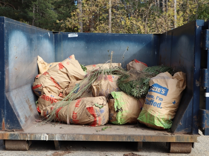 Dumpster with lawn bags